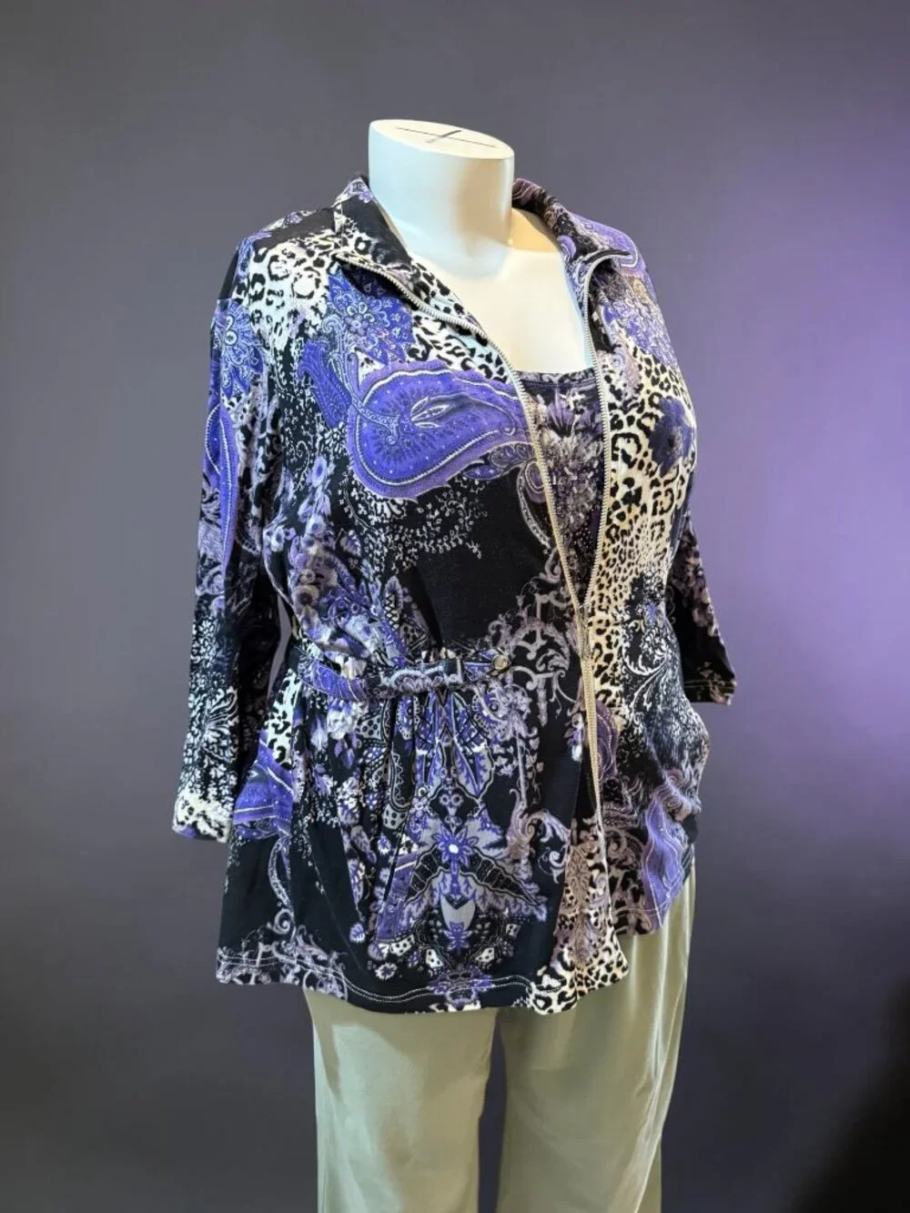 Onque Woman 2X Purple Abstract Pattern 3/4 Slv Full Zip Light Jacket & Top Set - Picture 1 of 10